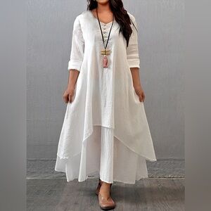 YIPINYICHU White Dress white,long-sleeve, layered maxi dress with a hi-low hem